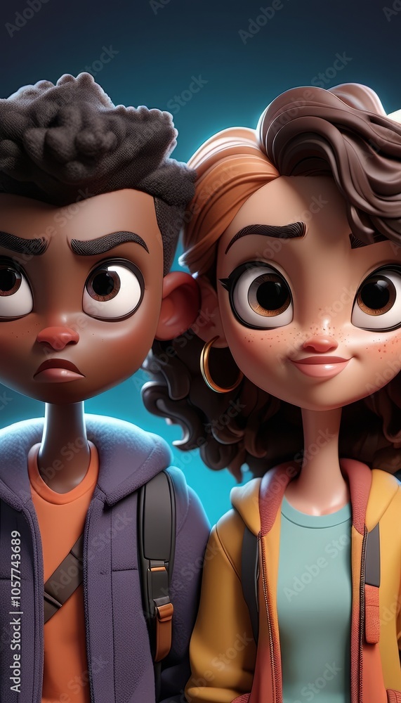 Poster charming animated characters with expressive faces and curls