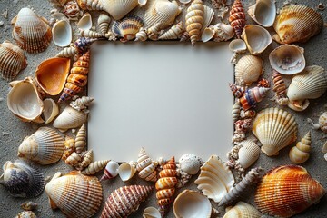 Obraz premium Blank centered seaside shells arrangement on sandy background