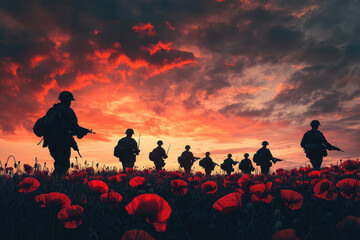 Silhouette of soldiers in red poppy flowers and dramatic sky background. Lest we forget, Remembrance Day, Memorial, Armistice day, Anzac day background