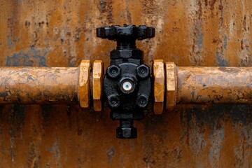 Industrial valve close-up exploring the textures and colors of rusted metal components