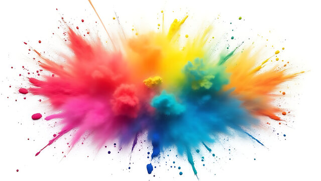 Rainbow colors explode on a plain white background amidst frame borders and colorful powders scattered all over.