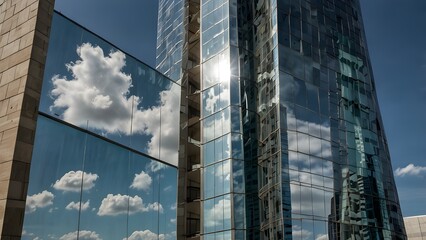 Fototapeta premium skyscrapers and office buildings with reflective surfaces. High-rise building elements with glass curtain walls photographed from a low angle.The white clouds and blue sky are reflected in the window 