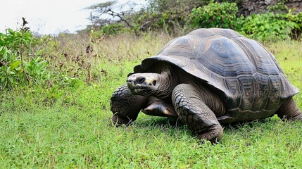 Fototapeta premium A giant tortoise walks through tall green grass.