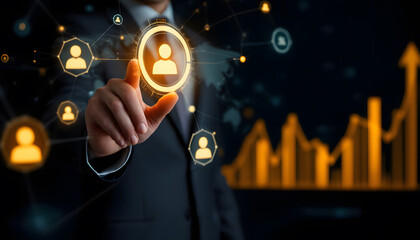 A businessman interacts with digital icons of people, surrounded by data graphs and futuristic holograms