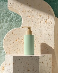 Pastel background, cosmetic bottle mockup in 3D, modern design with label space, soft shadow, minimal and clean look, featuring a pump dispenser bottle and dropper bottle.