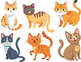 Six Adorable Cartoon Cats with Different Poses