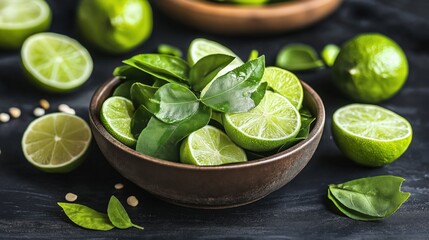 Obraz premium Close-up of a wooden bowl filled with sliced limes and fresh green leaves on a dark textured surface