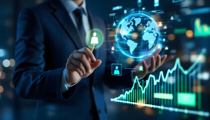 A businessman interacts with a glowing globe and digital icons of people, surrounded by data graphs and futuristic holograms