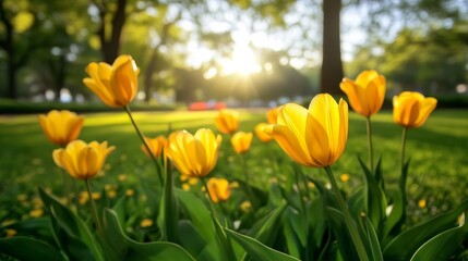 Obraz premium Bright yellow tulips create a stunning park display.