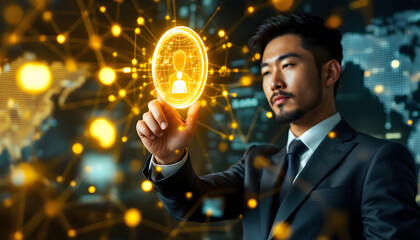 A businessman interacts with digital icons of people, surrounded by data graphs and futuristic holograms