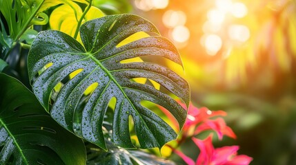 Close-up of a large green leaf with water droplets in the sunlight.