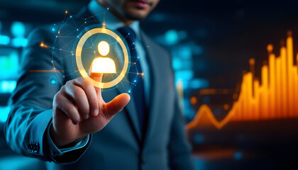 A businessman interacts with digital icons of people, surrounded by data graphs and futuristic holograms