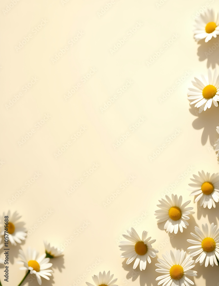 Aufkleber Neutral beige background features elegant floral patterns of chamomile and daisies in sunlight and shadow with empty copy space.