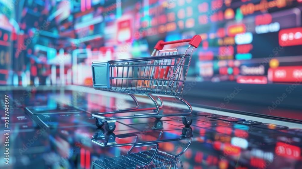 Poster mini shopping cart on digital keyboard with data background