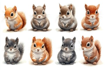 A collection of cute, stylized squirrels in various colors and poses.