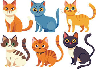 Six Adorable Cartoon Cats with Different Colors