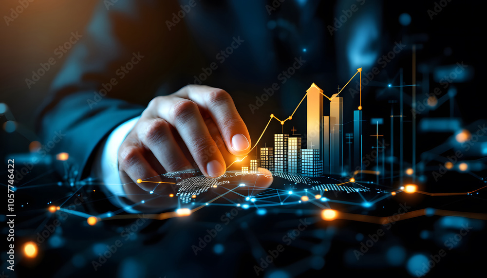 Poster how professionals use advanced technology to drive growth and performance, data graphs and futuristi