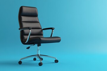 Fototapeta premium Comfortable office chair on light blue background, space for text