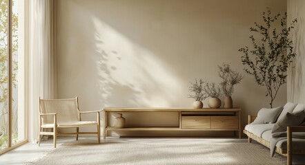 Minimalist living room interior featuring light wood furniture and natural decor elements creating a calm ambiance