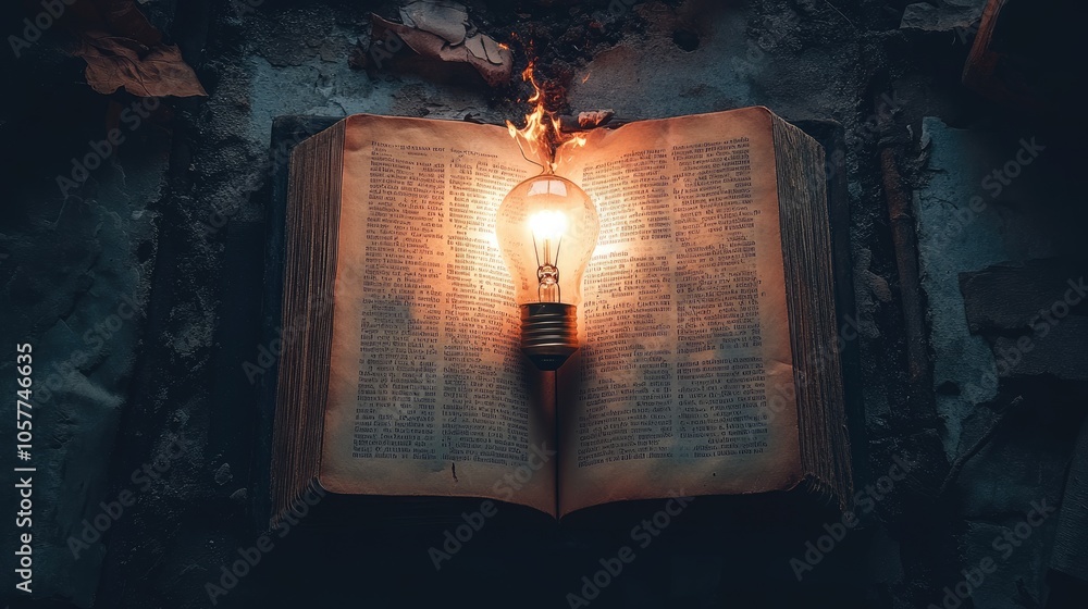 Poster illuminated light bulb casting a glow over an open book, symbolizing insight and understanding