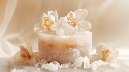 Elegant podium adorned with flowers and sea salt crystal, perfect for showcasing cosmetics and beauty products.