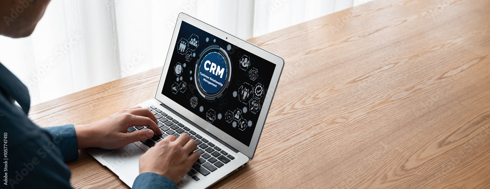 Poster customer relationship management system on modish computer for crm business and enterprise