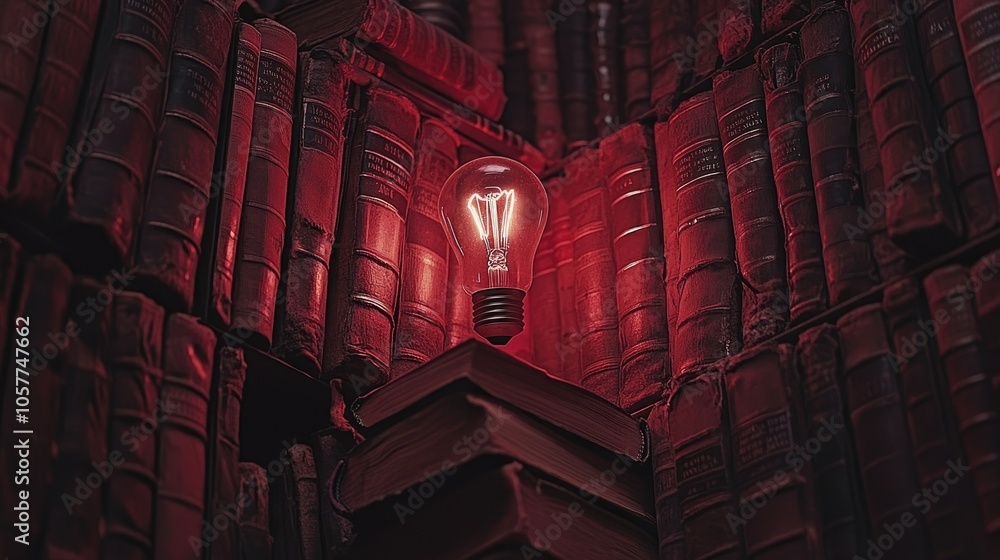 Aufkleber light bulb resting on a stack of books, representing a fresh idea or concept born from learning