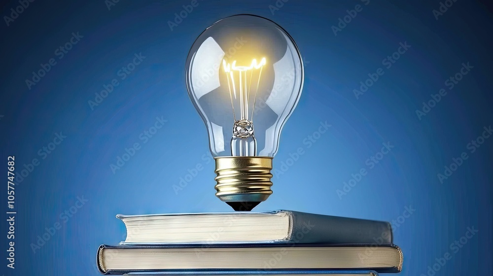 Aufkleber light bulb resting on a stack of books, representing a fresh idea or concept born from learning