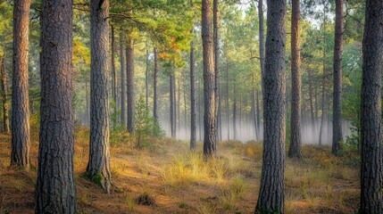 Obraz premium A misty forest with tall pine trees in the morning sunlight.