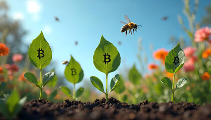 a bee is on the ground and a bee is flying over the flowers.