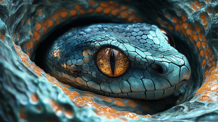 Fototapeta premium A close-up view of a vibrant green and orange snake coiling around itself in a natural habitat setting