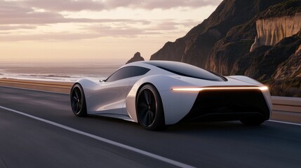 Naklejka premium Sleek white sports car on coastal highway at sunset