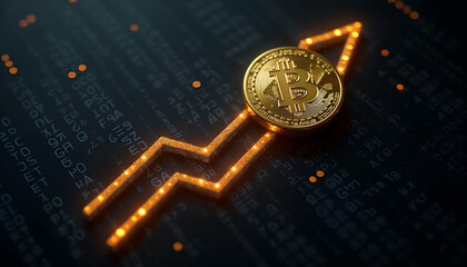 a golden bitcoin symbol with an upward trend arrow