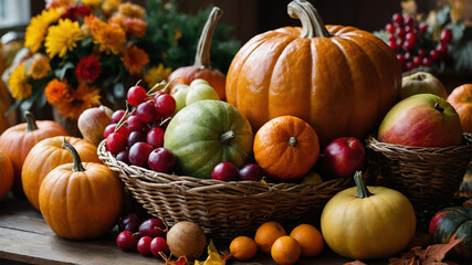 Autumn harvest pumpkins gourds apples grapes oranges wicker baskets vibrant colors fall decor Thanksgiving abundance rustic seasonal fruits vegetables cozy warm tones natural arrangement leaves festiv