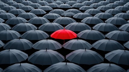 High Angle Shot of Black Umbrellas with Single Red Umbrella Center