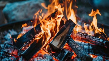 Fototapeta premium Close-up of campfire burning with bright flames and wood crackling