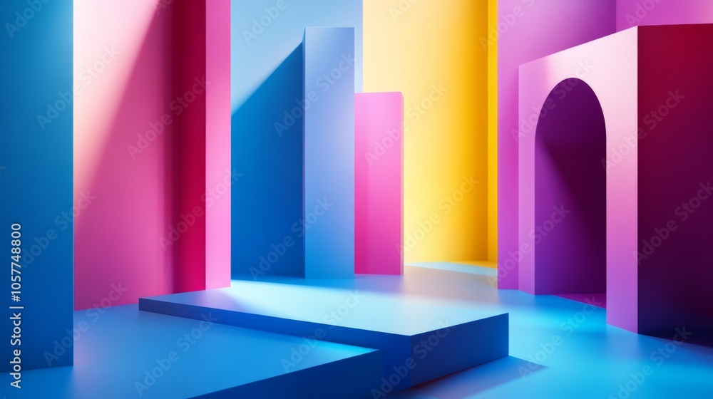 Poster 3d background design with striking and colorful shapes protruding from the surface, casting shadows 