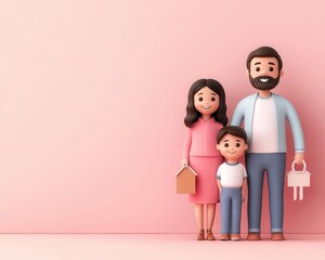 Happy family with approved home loan, keys in hand, 3D illustration