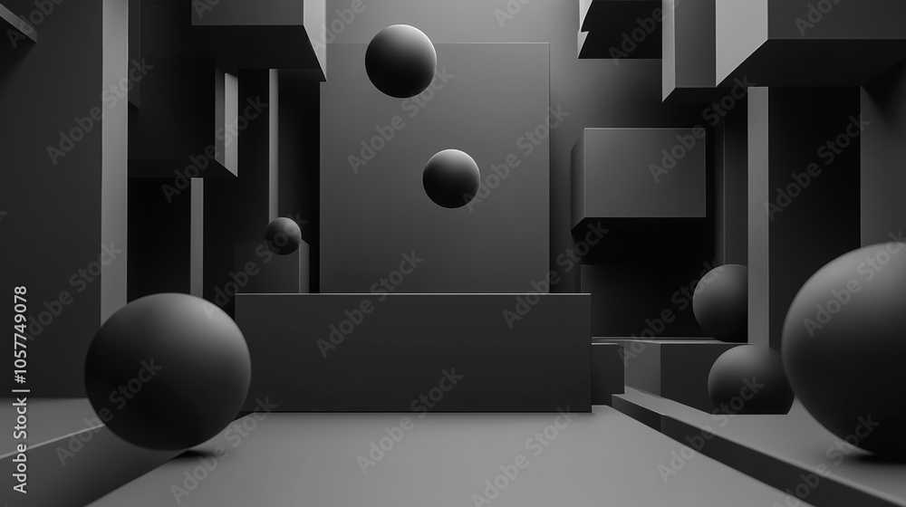 Poster minimalist 3d shape background with floating spheres and cubes arranged in a simple symmetrical patt