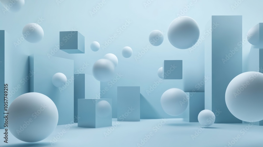 Aufkleber minimalist 3d shape background with floating spheres and cubes arranged in a simple symmetrical patt