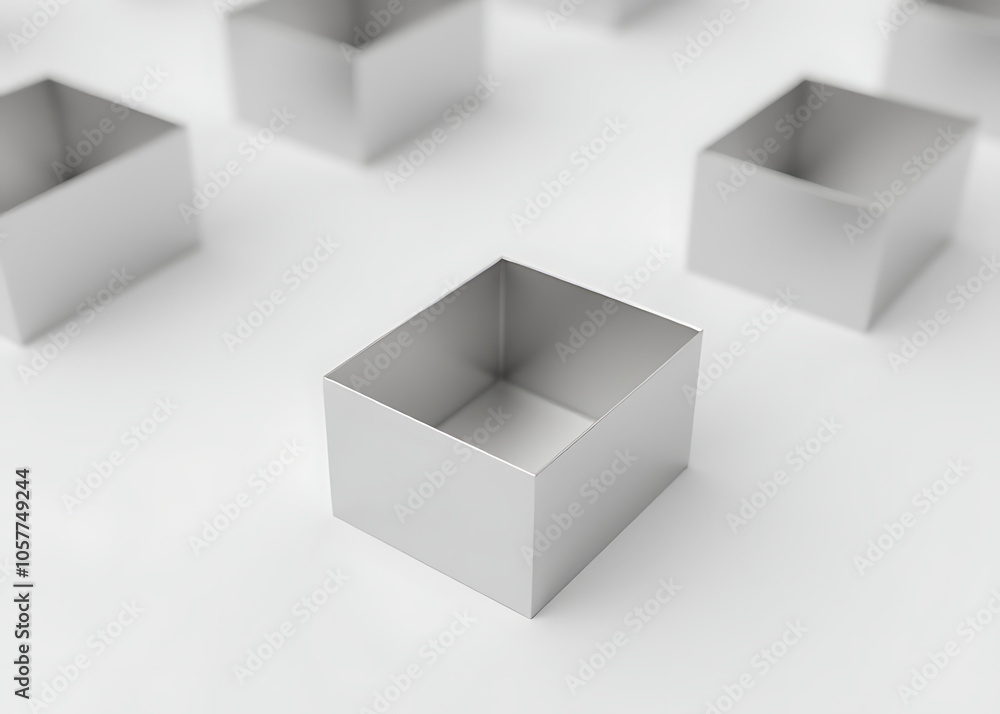 Poster empty silver box sits on a blank white surface surrounded by identical empty boxes of similar size a