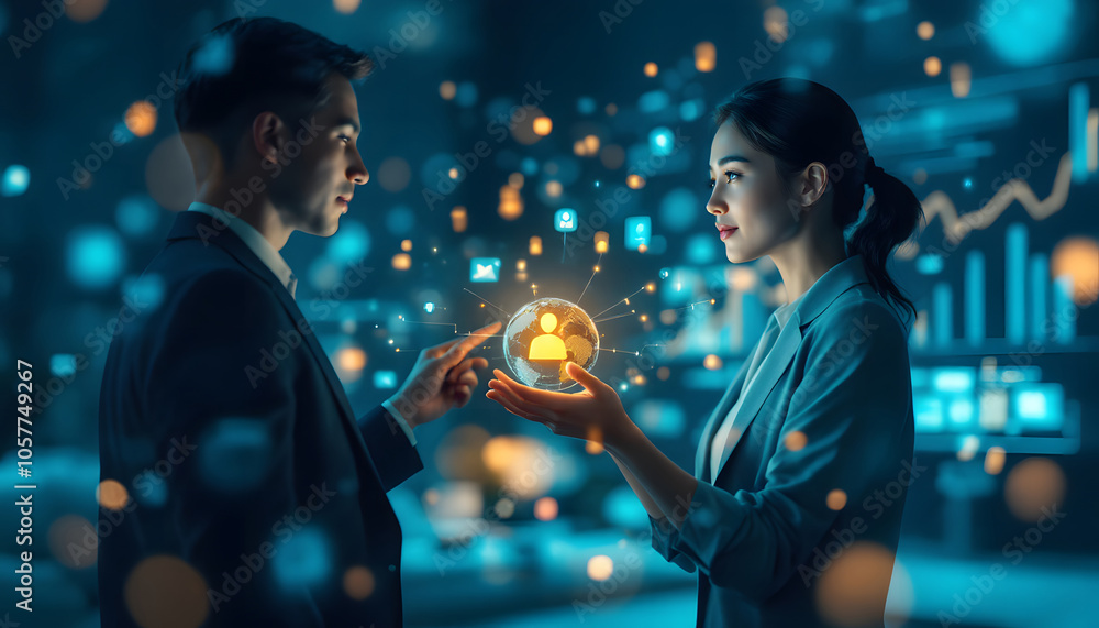 Poster a professional man in a futuristic environment interacts with a digital network of glowing nodes and