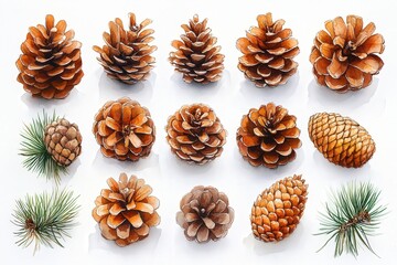 A collection of pine cones and pine needles arranged artistically on a white background.