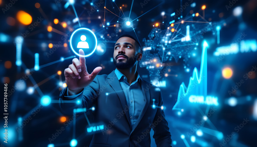 Poster a professional man in a futuristic environment interacts with a digital network of glowing nodes and