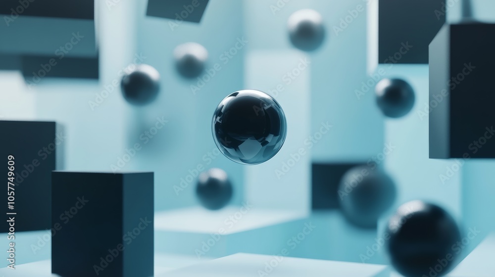 Poster minimalist 3d shape background with floating spheres and cubes arranged in a simple symmetrical patt