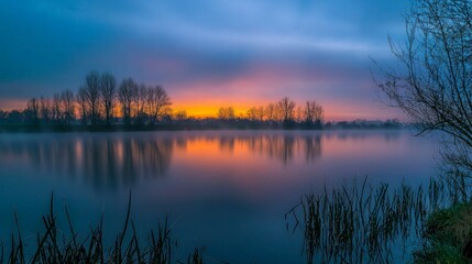 Fototapeta premium A serene sunrise over a still lake with mist rising from the water. Silhouetted trees line the shore, with a vibrant orange and blue sky.