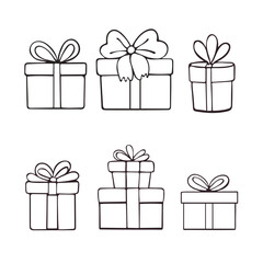 gift boxes Doodle set. Birthday present boxes with bows. Hand drawn colorful Christmas presents collection. Graphic design elements for advertisement, flyer, poster, web shop sale. Vector illustration