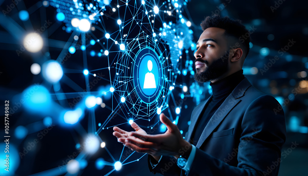Poster a professional man in a futuristic environment interacts with a digital network of glowing nodes and