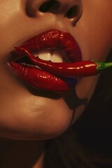 Obraz premium Bold Red Lips with Chili Pepper for Spicy Food and Beauty Advertising Design