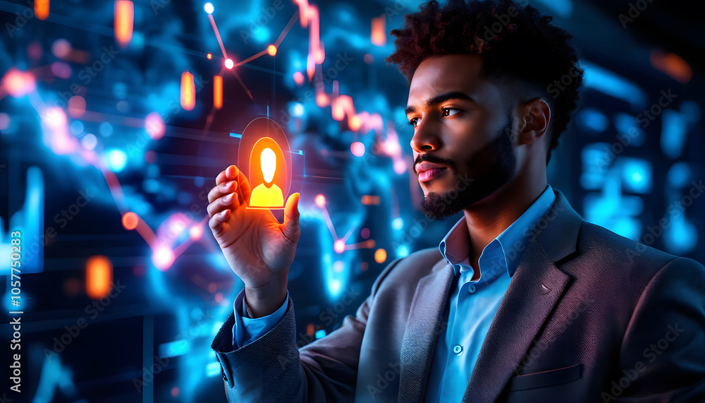Poster a professional man in a futuristic environment interacts with a digital network of glowing nodes and
